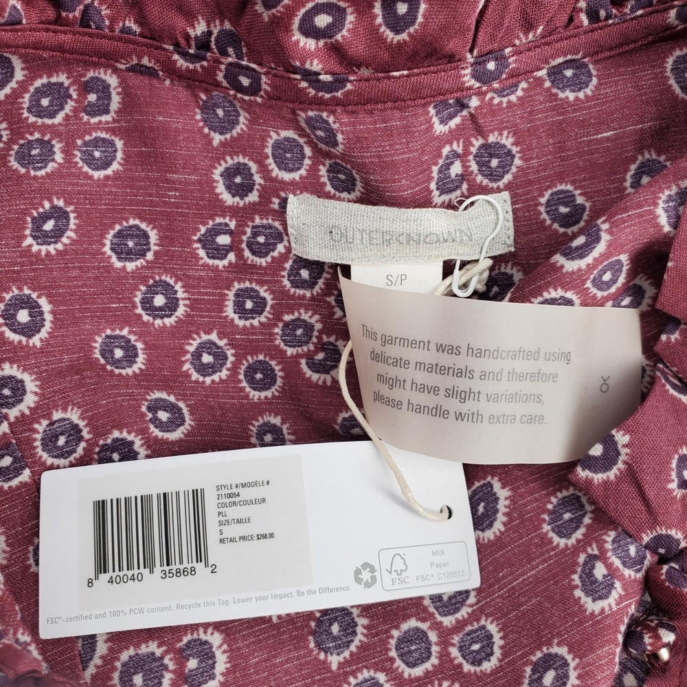 Outerknown Womens Small Maroon Geometric Organic Cotton Silk Ruffle Midi‎ Dress - Picture 6 of 8
